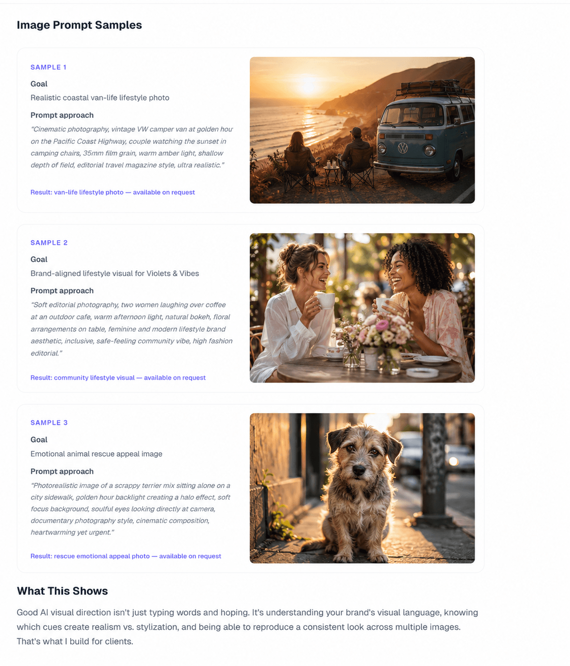 AI-generated results: van-life lifestyle, Violets & Vibes community visual, animal rescue appeal